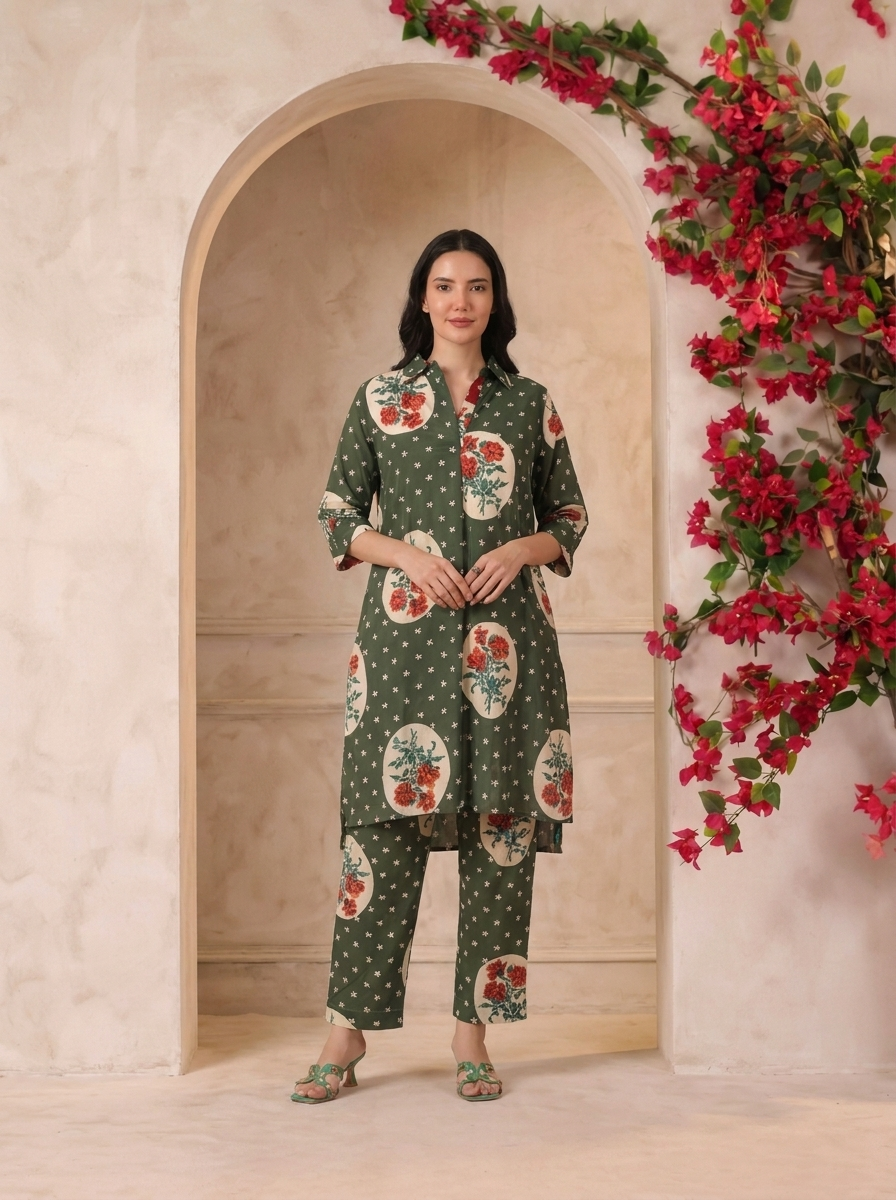 Green Victorian Printed Anti-Fit/Lose-Fit Kurta with Pants