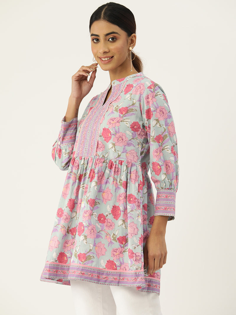 Floral Printed Pure Cotton Pleated Kurti