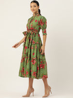 Green Floral Print Puff Sleeve Fit & Flare Midi Dress