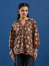 Black Floral Handblock Printed Cotton Top with Lace Detailing