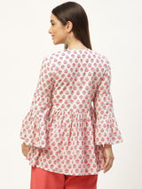 White Print Tie-Up Neck Cotton Cinched Waist Top