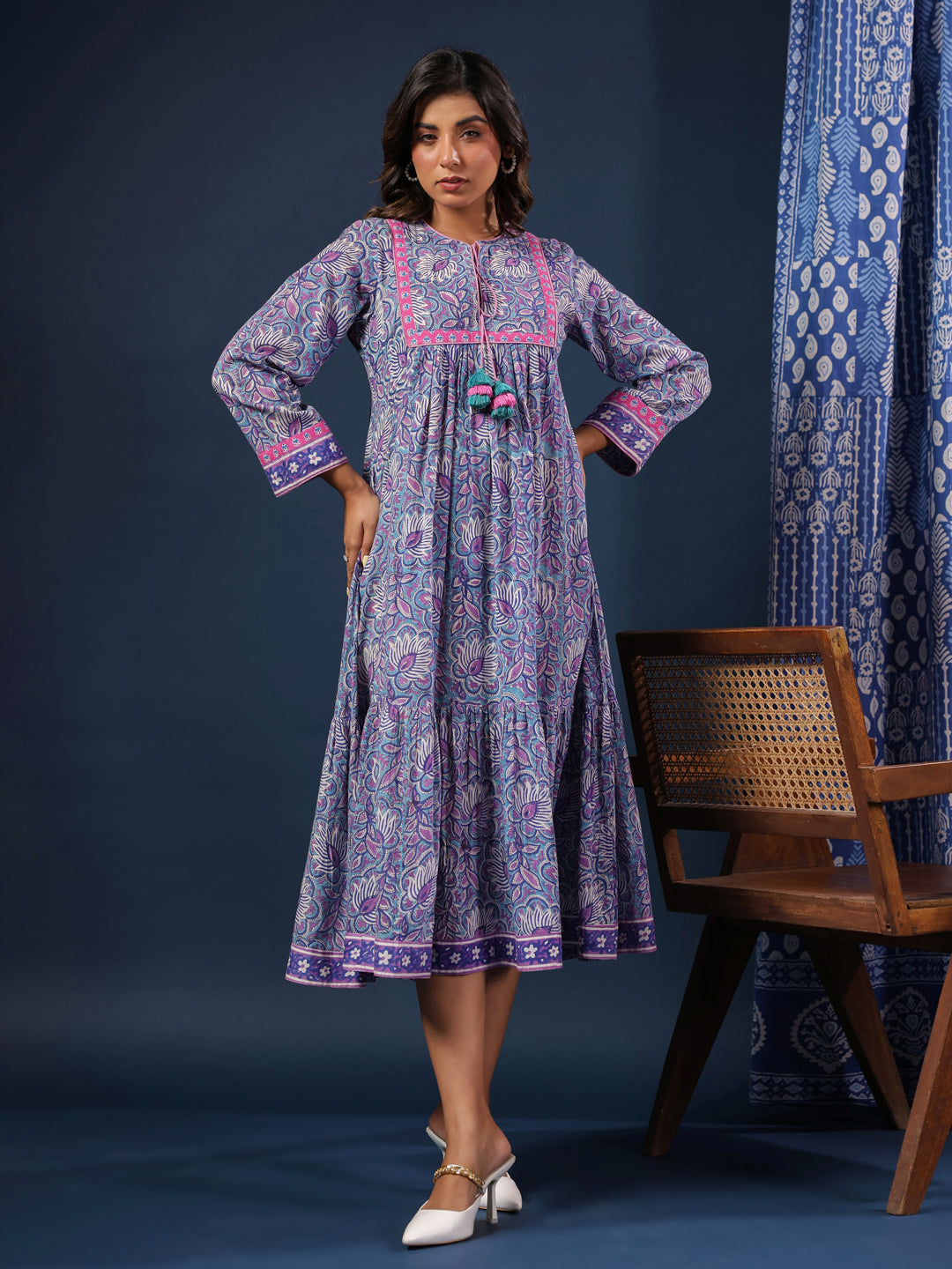 Purple Handblock Printed Flared Dress with Quilted Placket