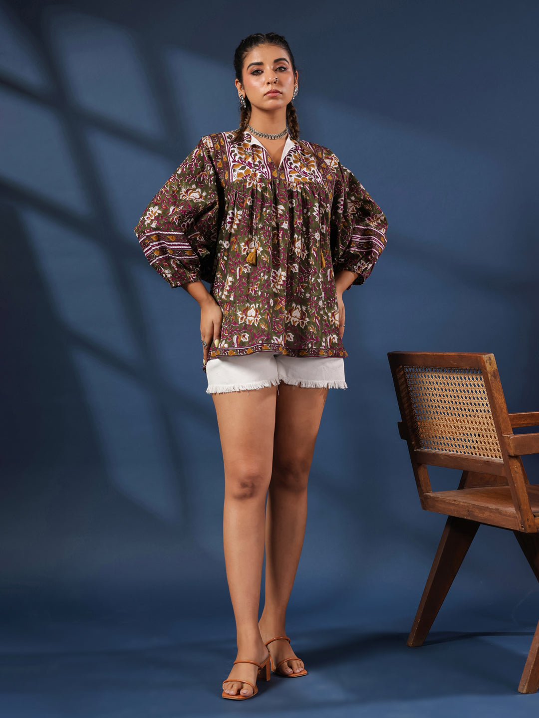 DarkGreen Handblock Printed Boho Volume Sleeves Top