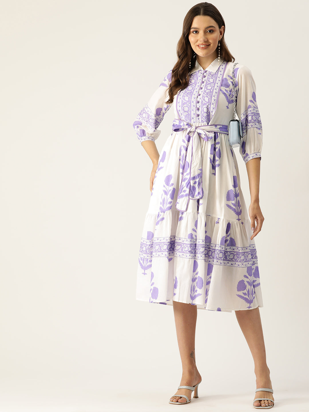 White and Lavender Cotton printed dress Jaipur Morni