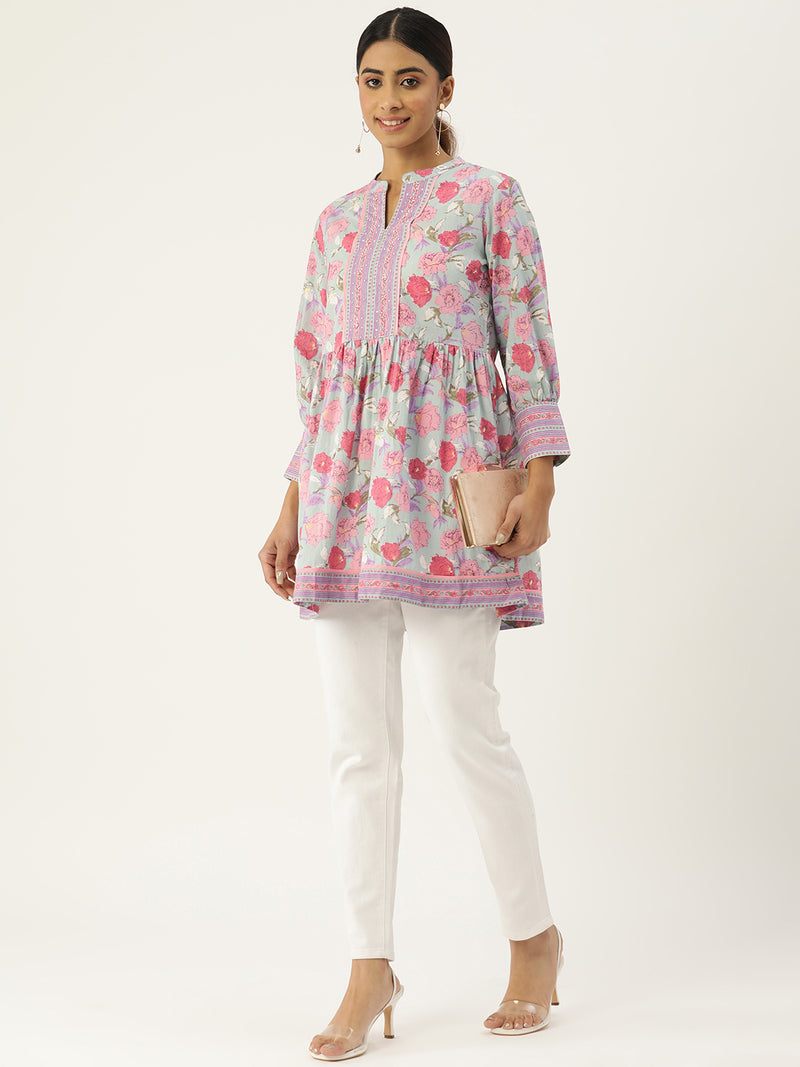 Floral Printed Pure Cotton Pleated Kurti