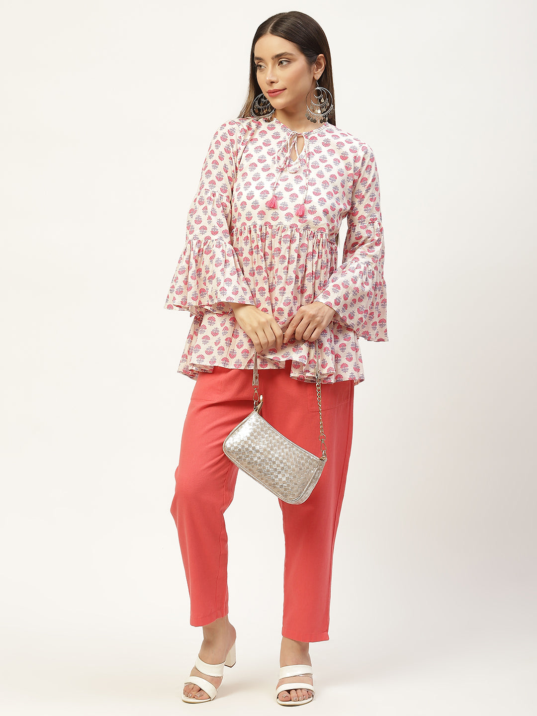 White Print Tie-Up Neck Cotton Cinched Waist Top