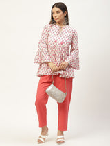 White Print Tie-Up Neck Cotton Cinched Waist Top