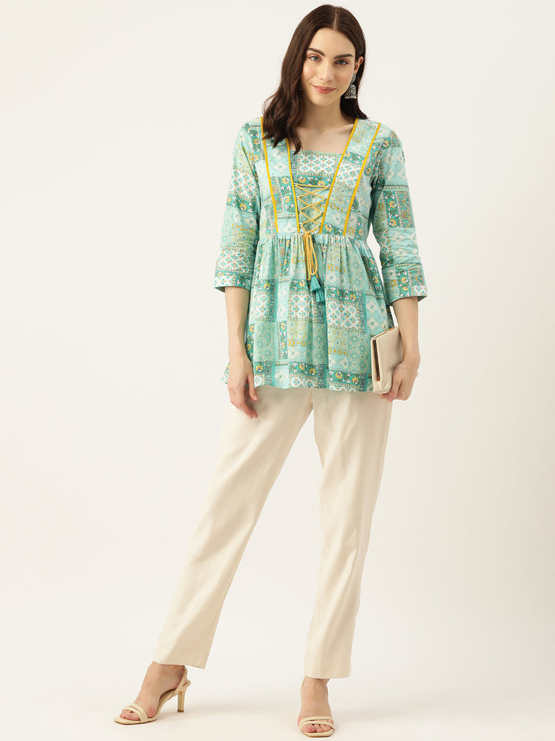 Woman Sea Green Printed Top