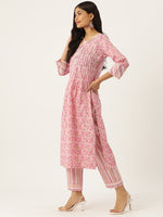 Women Floral Printed Regular Sequinned Cotton Kurta with Trousers & Dupatta