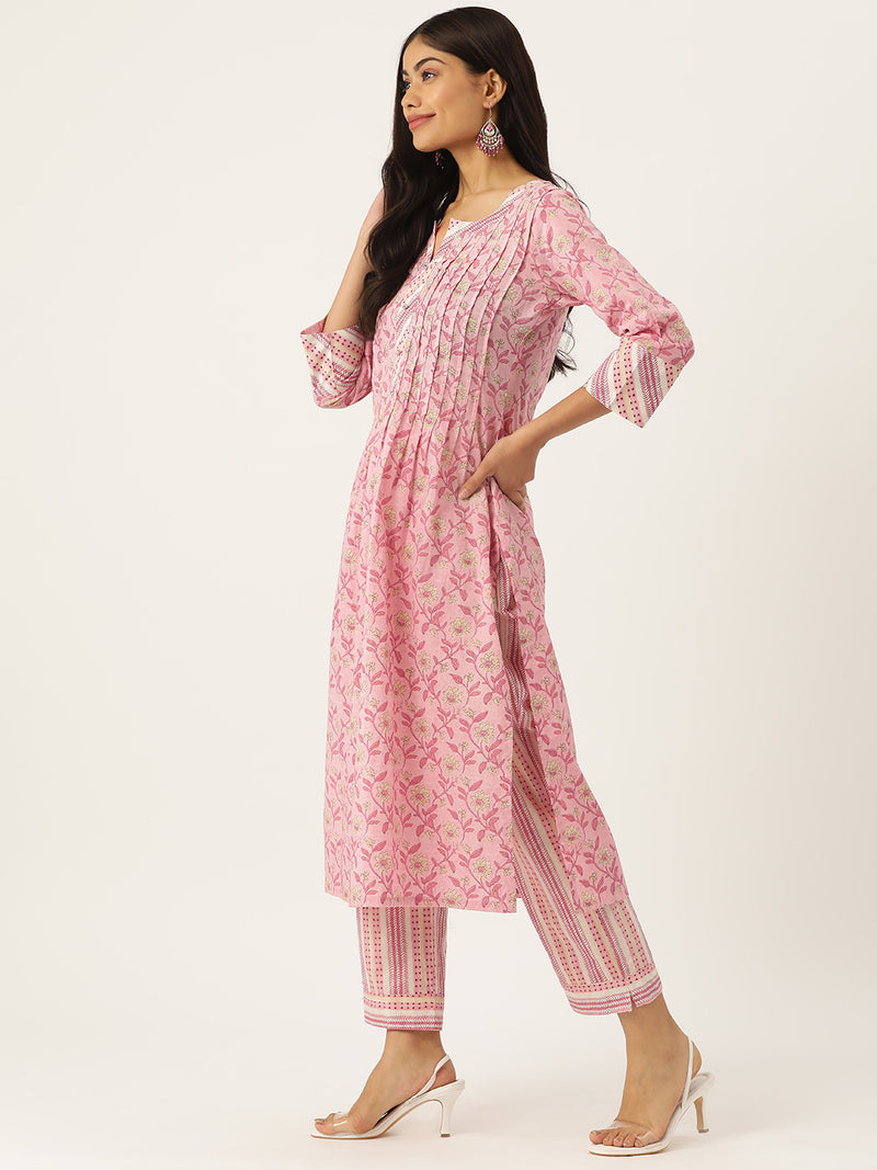Women Floral Printed Regular Sequinned Cotton Kurta with Trousers & Dupatta