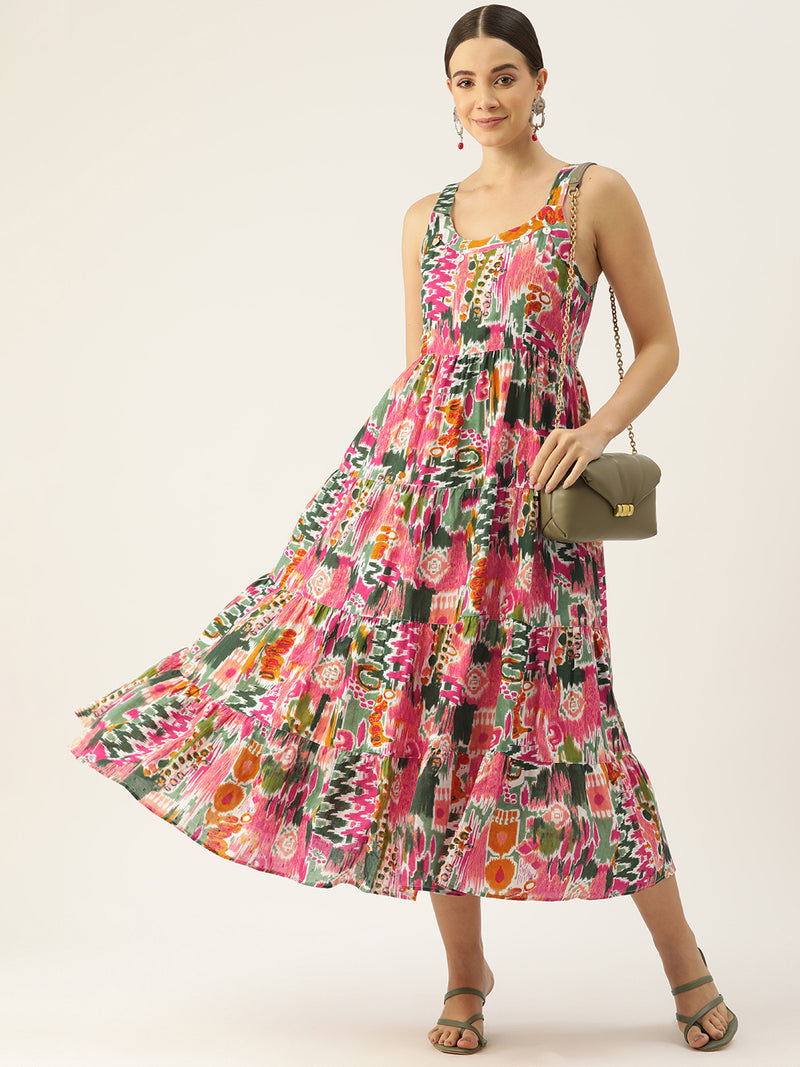 Multi Shoulder Strapped Floral Printed Fit and Flared Pure Cotton Midi Dress