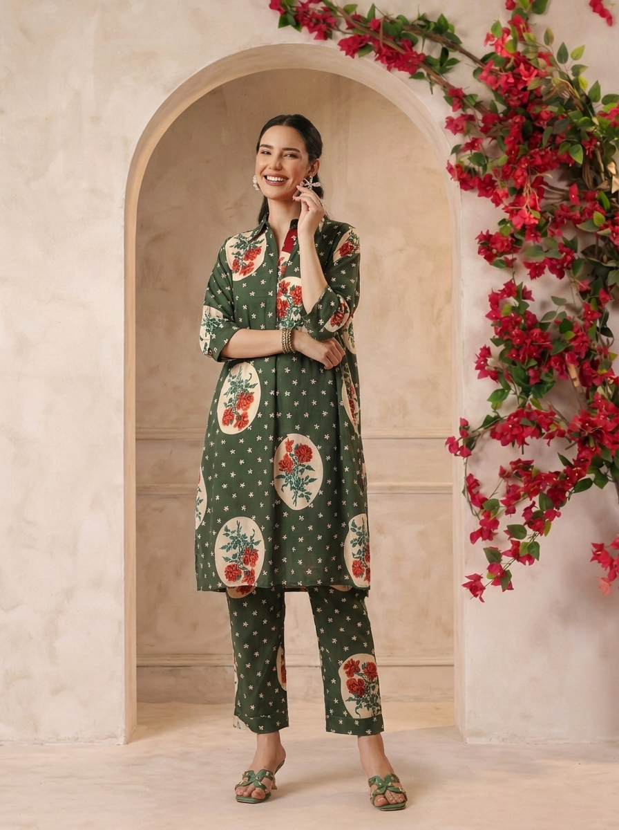 Green Victorian Printed Anti-Fit/Lose-Fit Kurta with Pants