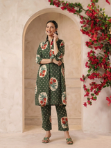 Green Victorian Printed Anti-Fit/Lose-Fit Kurta with Pants