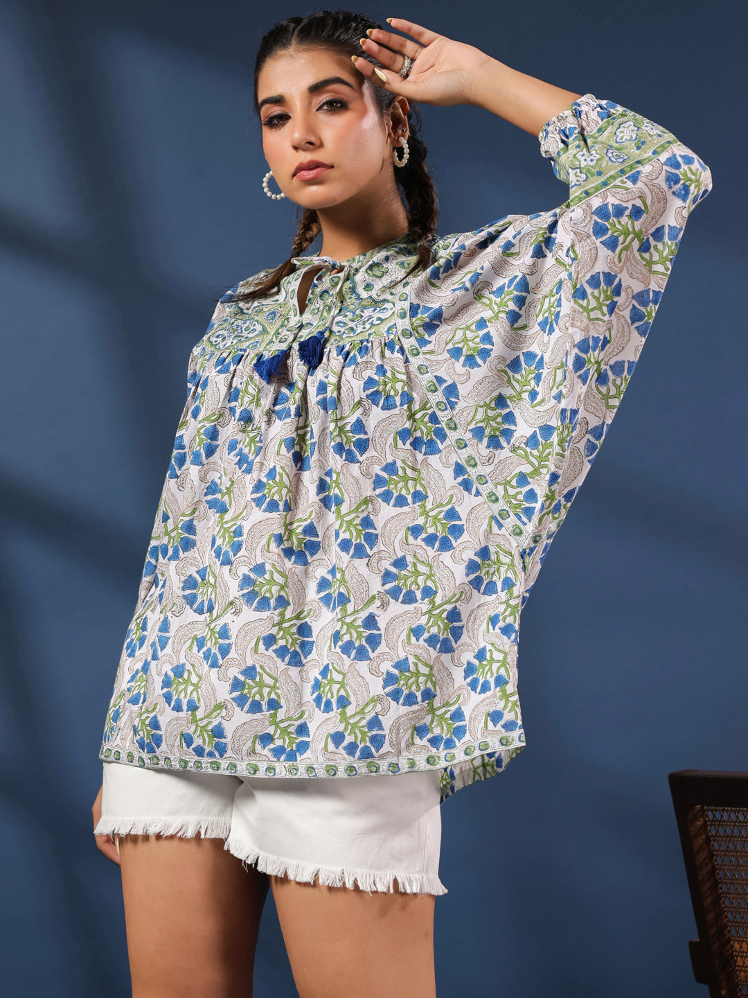 White and Green Handblock Printed Boho Volume Sleeves Top