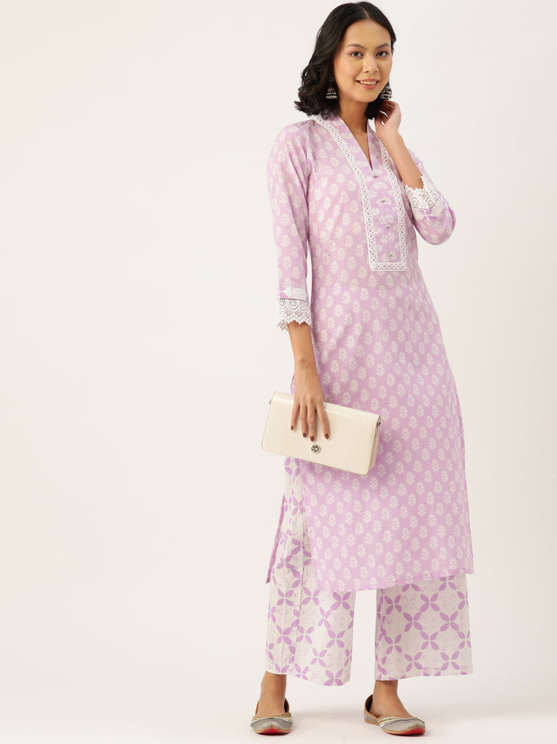 Lavender Printed Kurta and Palazzo Set