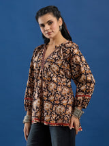 Black Floral Handblock Printed Cotton Top with Lace Detailing