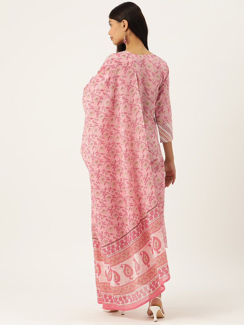 Women Floral Printed Regular Sequinned Cotton Kurta with Trousers & Dupatta