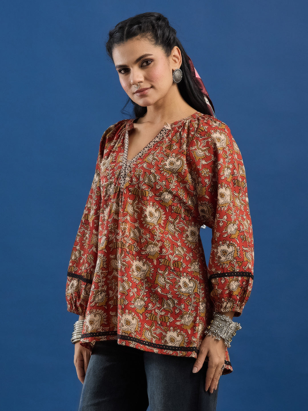 Red Floral Handblock Printed Cotton Top with Lace Detailing