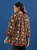 Black Floral Handblock Printed Cotton Top with Lace Detailing