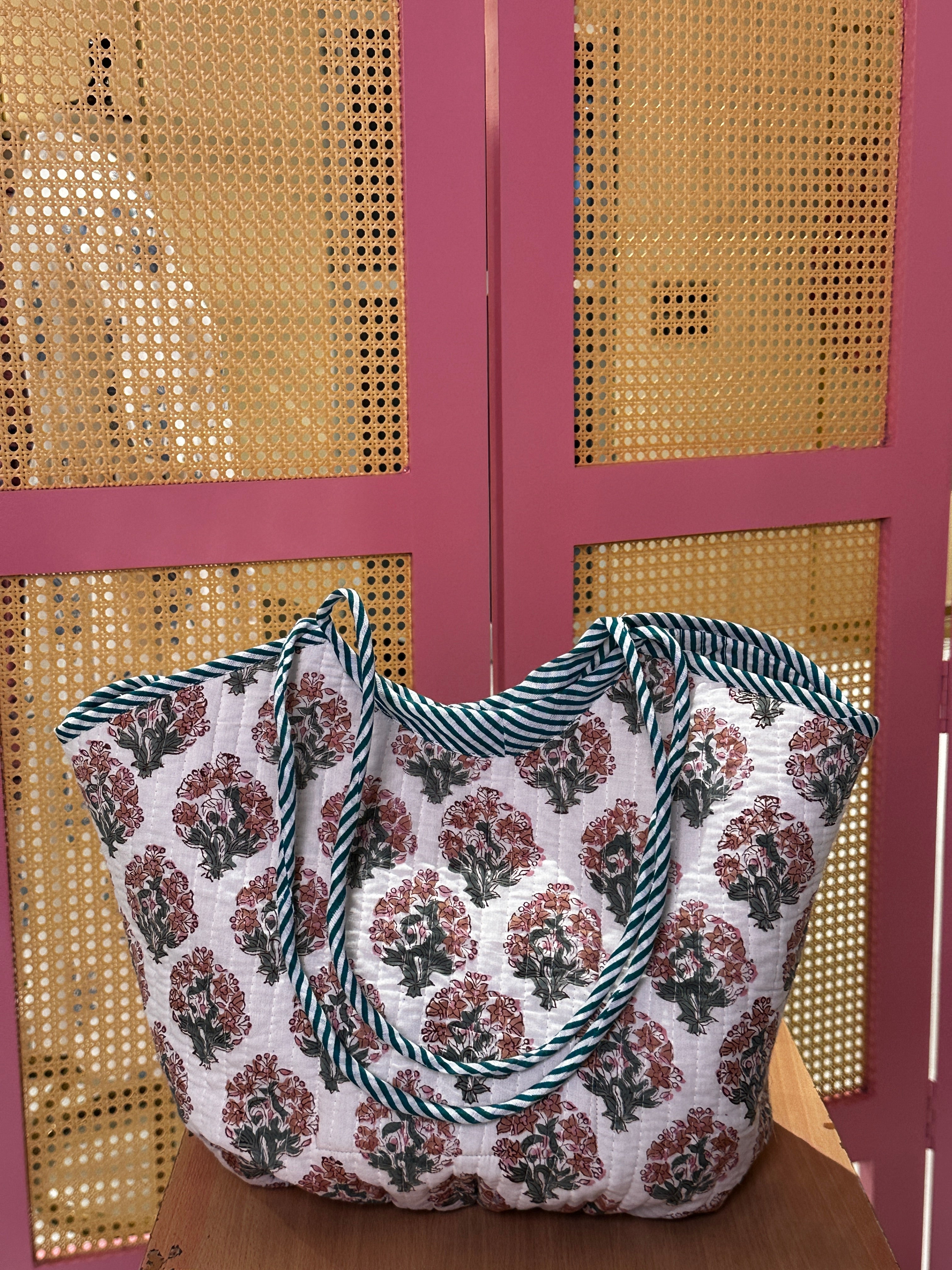 White Boota Basket Quilted Boho Tote Bag