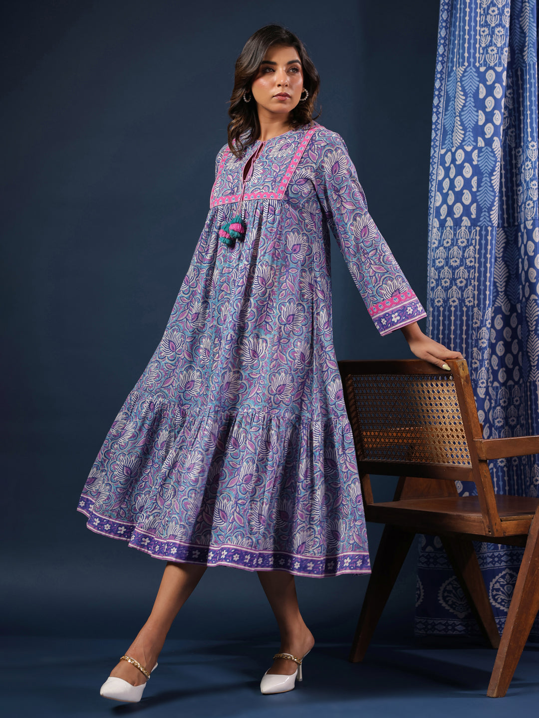 Purple Handblock Printed Flared Dress with Quilted Placket