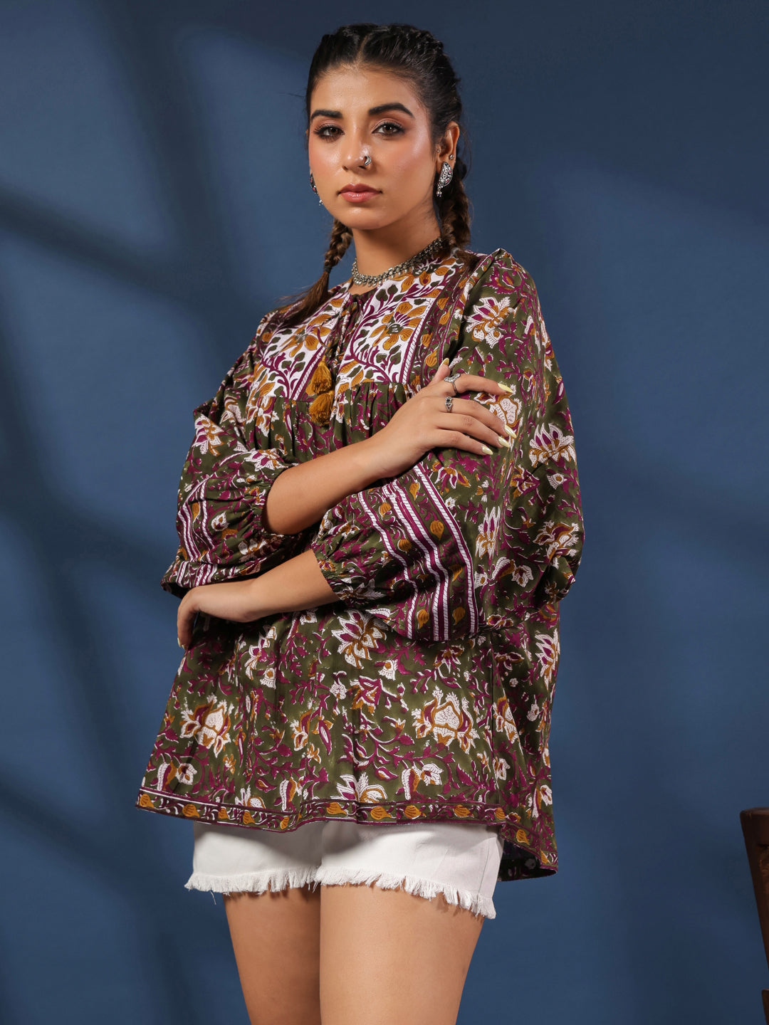 DarkGreen Handblock Printed Boho Volume Sleeves Top