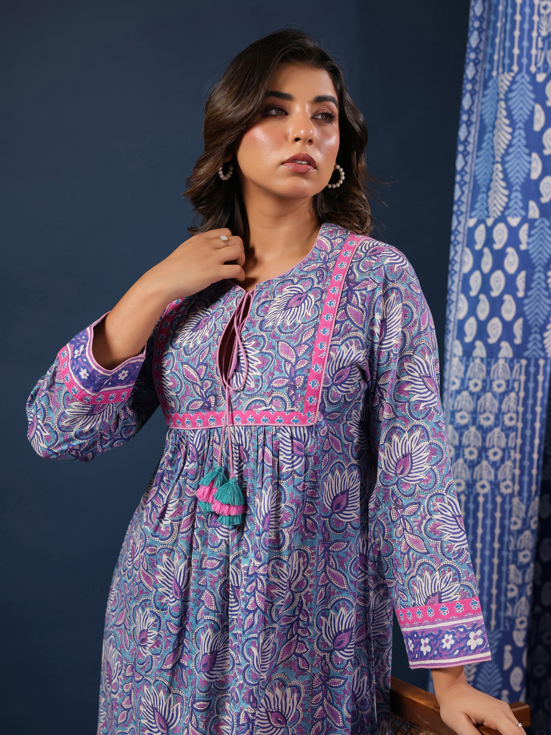 Purple Handblock Printed Flared Dress with Quilted Placket