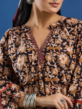 Black Floral Handblock Printed Cotton Top with Lace Detailing