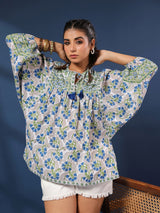 White and Green Handblock Printed Boho Volume Sleeves Top