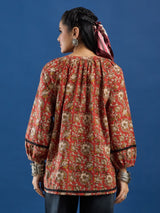 Red Floral Handblock Printed Cotton Top with Lace Detailing