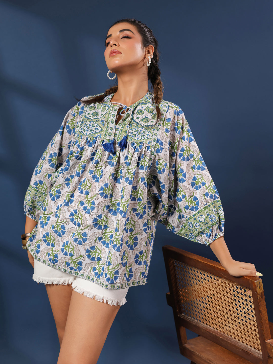 White and Green Handblock Printed Boho Volume Sleeves Top