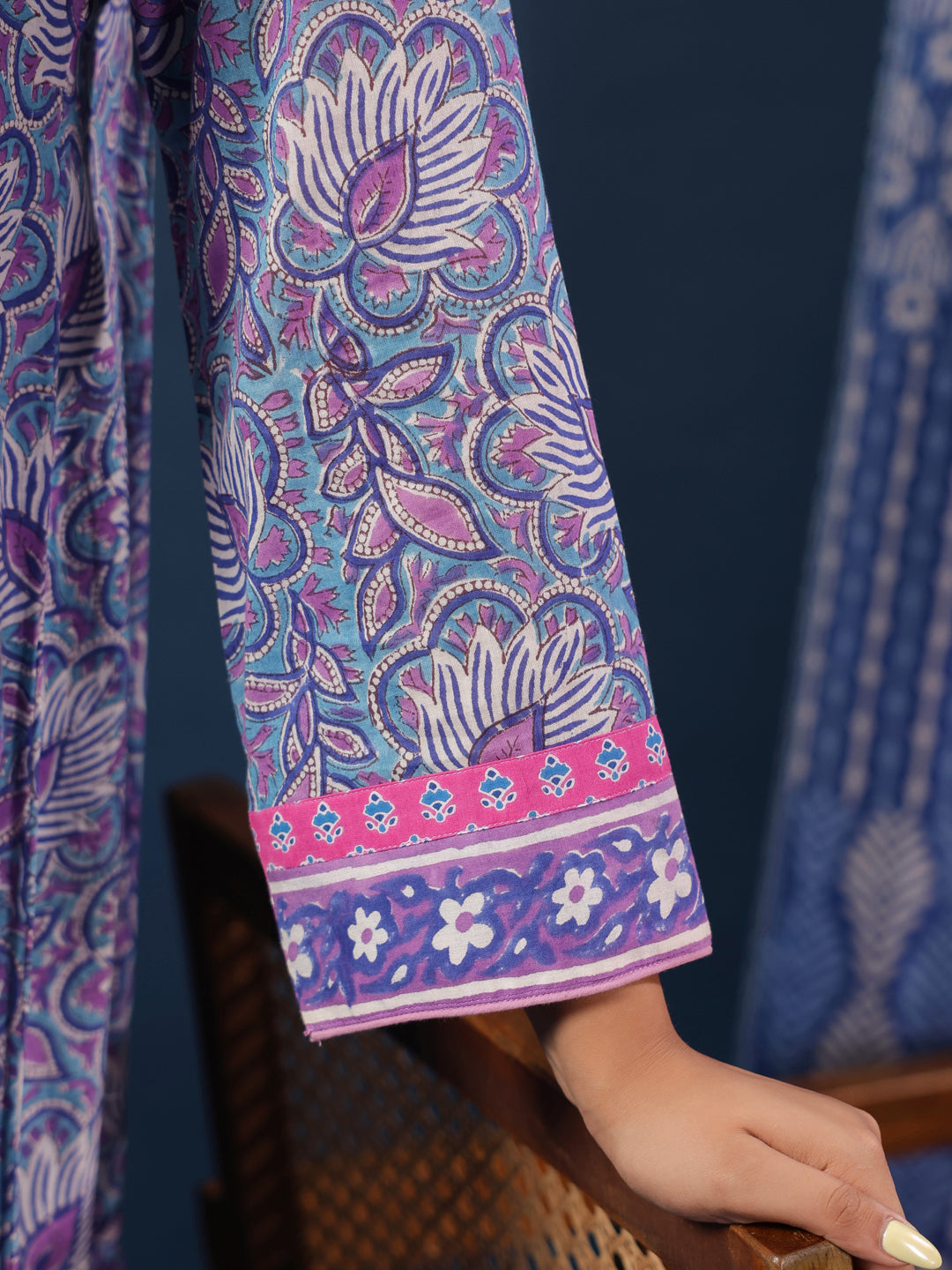 Purple Handblock Printed Flared Dress with Quilted Placket