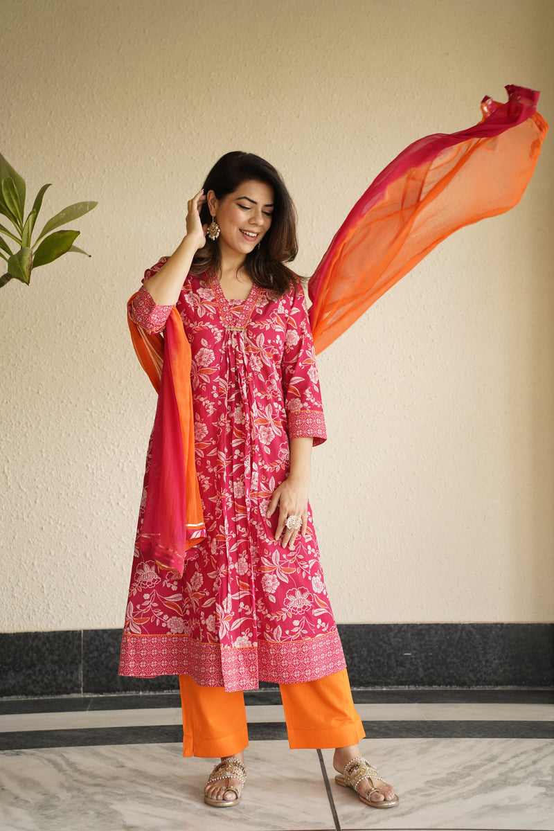 Meher Pink Printed Sequinned Pure Cotton Kurta with Trousers & Dupatta