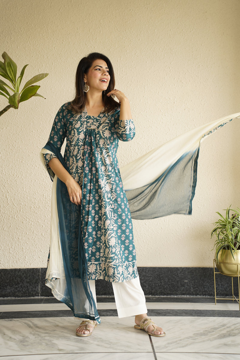 Meher Green Printed Sequinned Pure Cotton Kurta with Trousers & Dupatta
