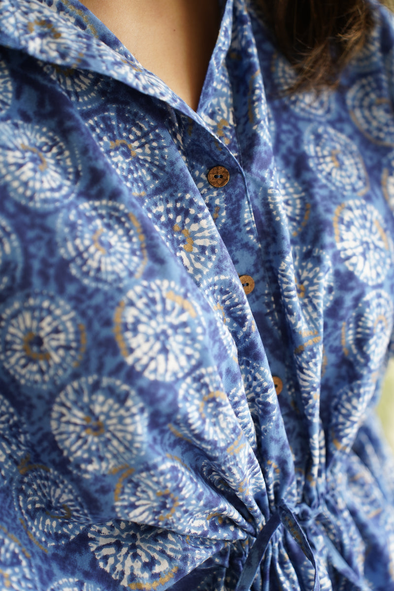 Blue Printed Shirt Style Kaftan Top