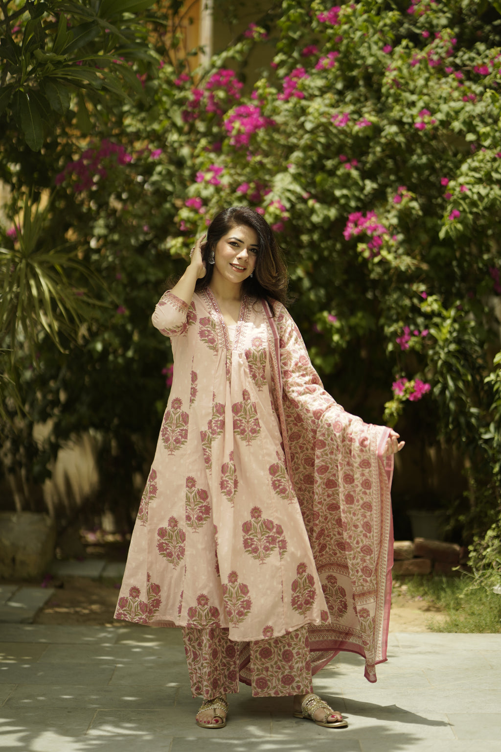 Pink Printed Sequinned Pure Cotton Kurta with Trousers & Dupatta