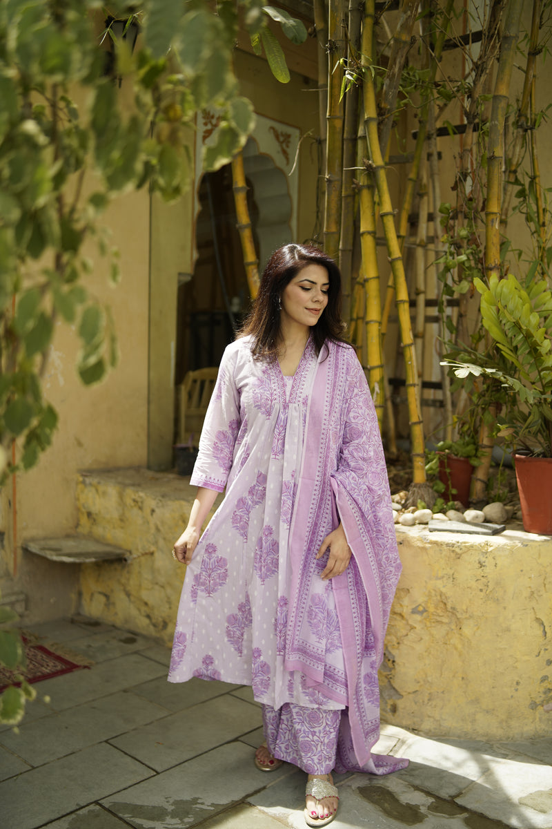 Purple Printed Sequinned Pure Cotton Kurta with Trousers & Dupatta