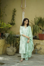 Mint Green Printed Sequinned Pure Cotton Kurta with Trousers & Dupatta