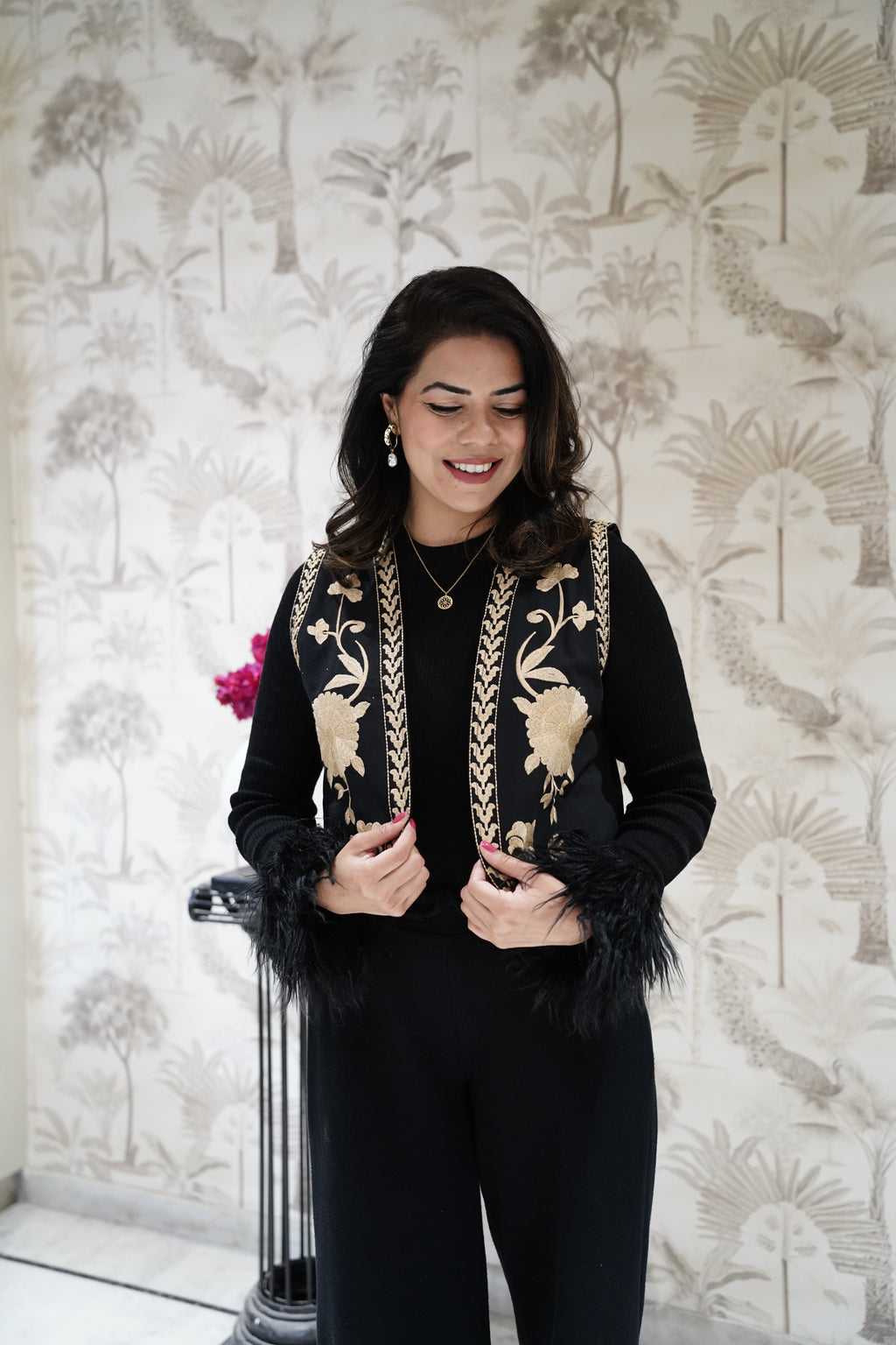 Black Embroidered  Lightweight Pure Cotton Open Front Jacket