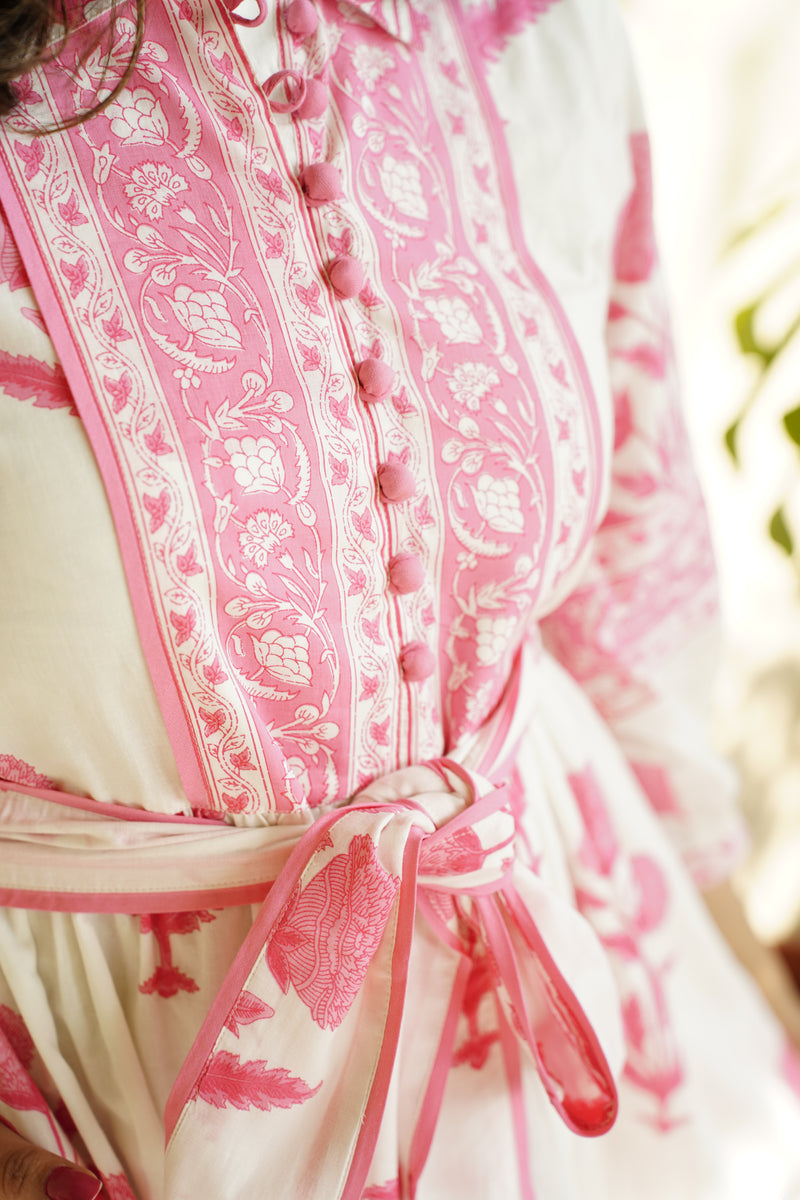 White & Pink Mughal Printed Tier Cotton Dress