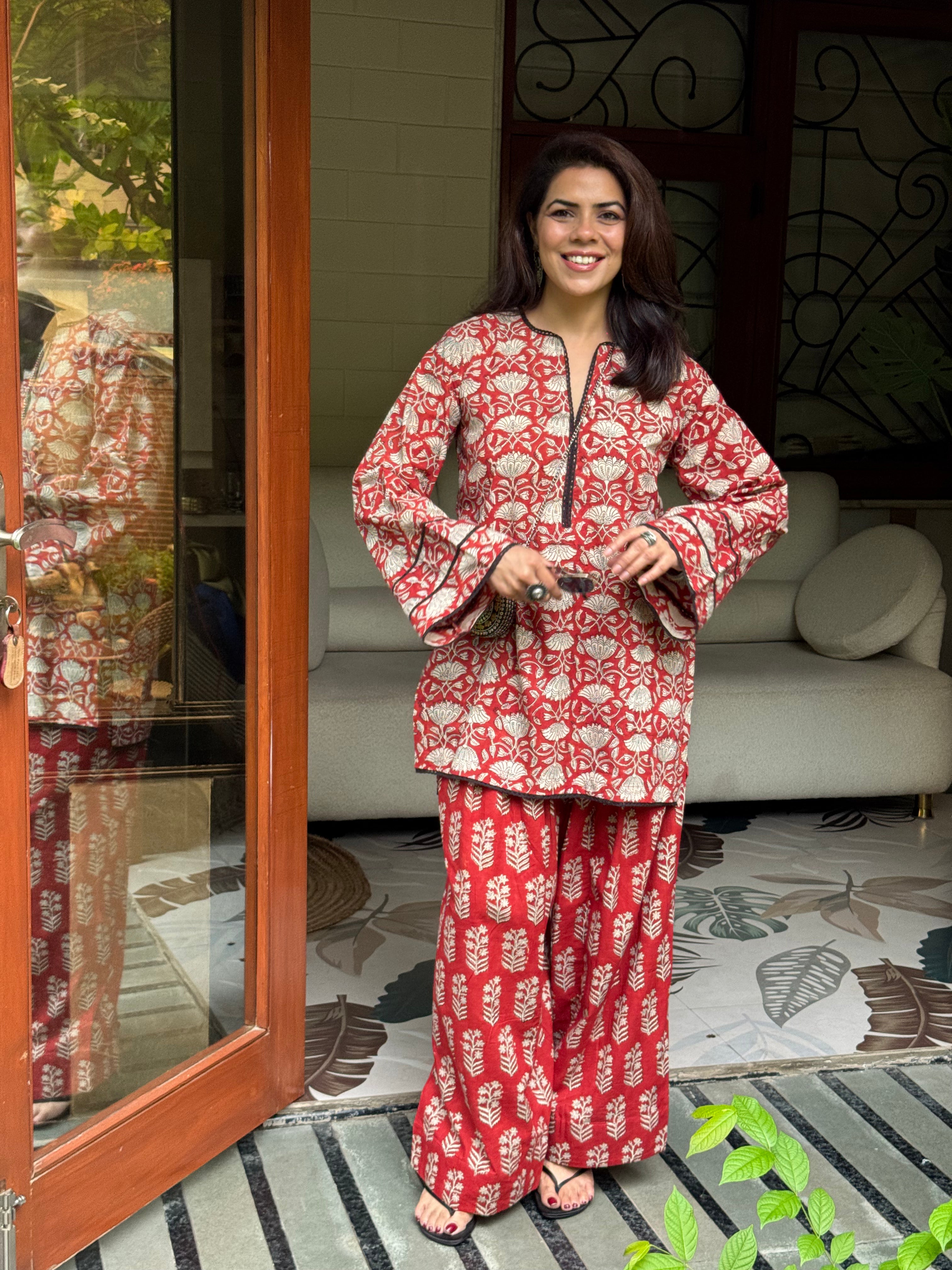 (Pre-Order) Red Pure Cotton Hand Block Printed Farshi Kurta Set