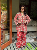 (Pre-Order) Red Pure Cotton Hand Block Printed Farshi Kurta Set