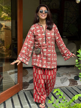 (Pre-Order) Red Pure Cotton Hand Block Printed Farshi Kurta Set