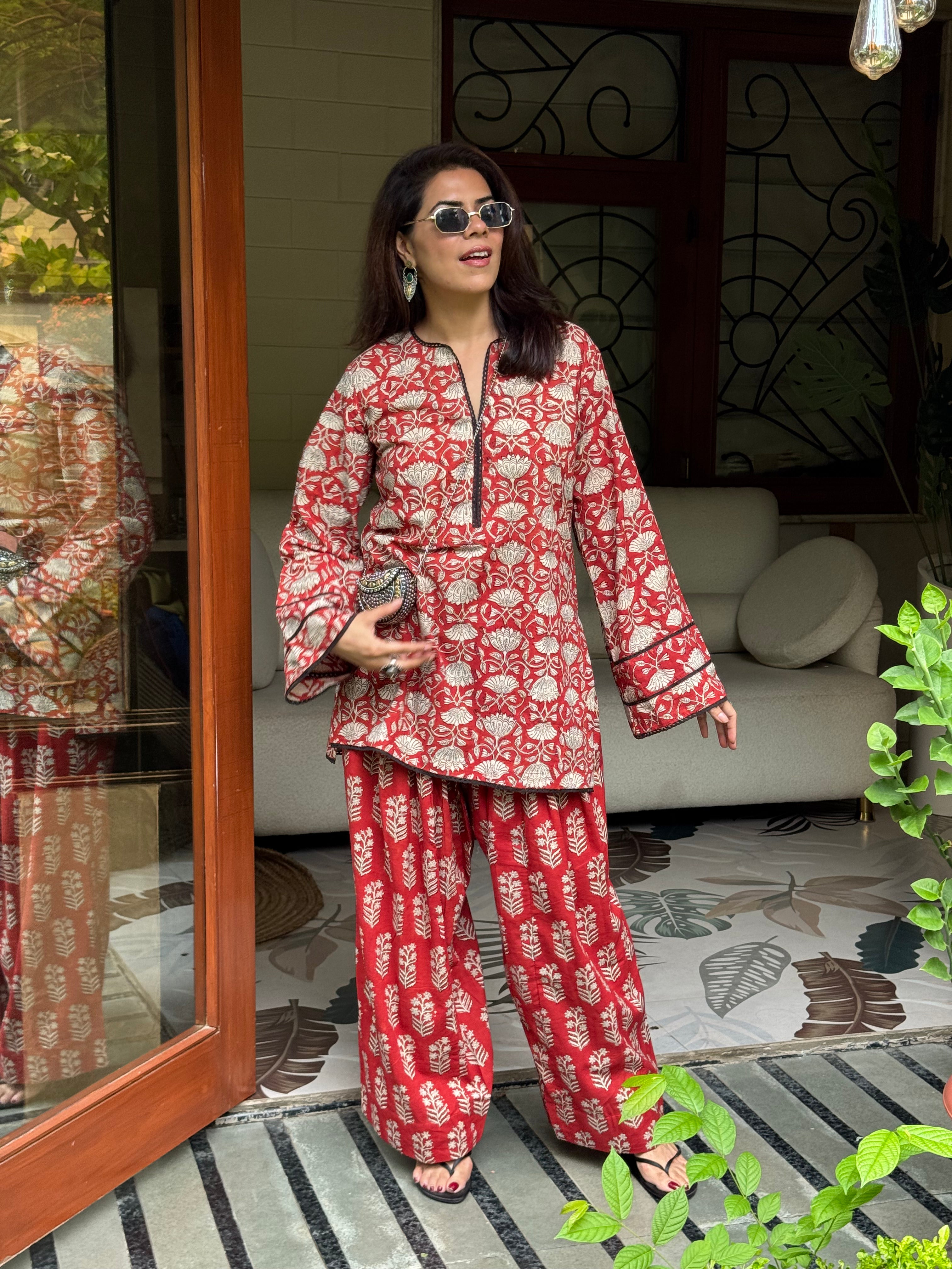 (Pre-Order) Red Pure Cotton Hand Block Printed Farshi Kurta Set