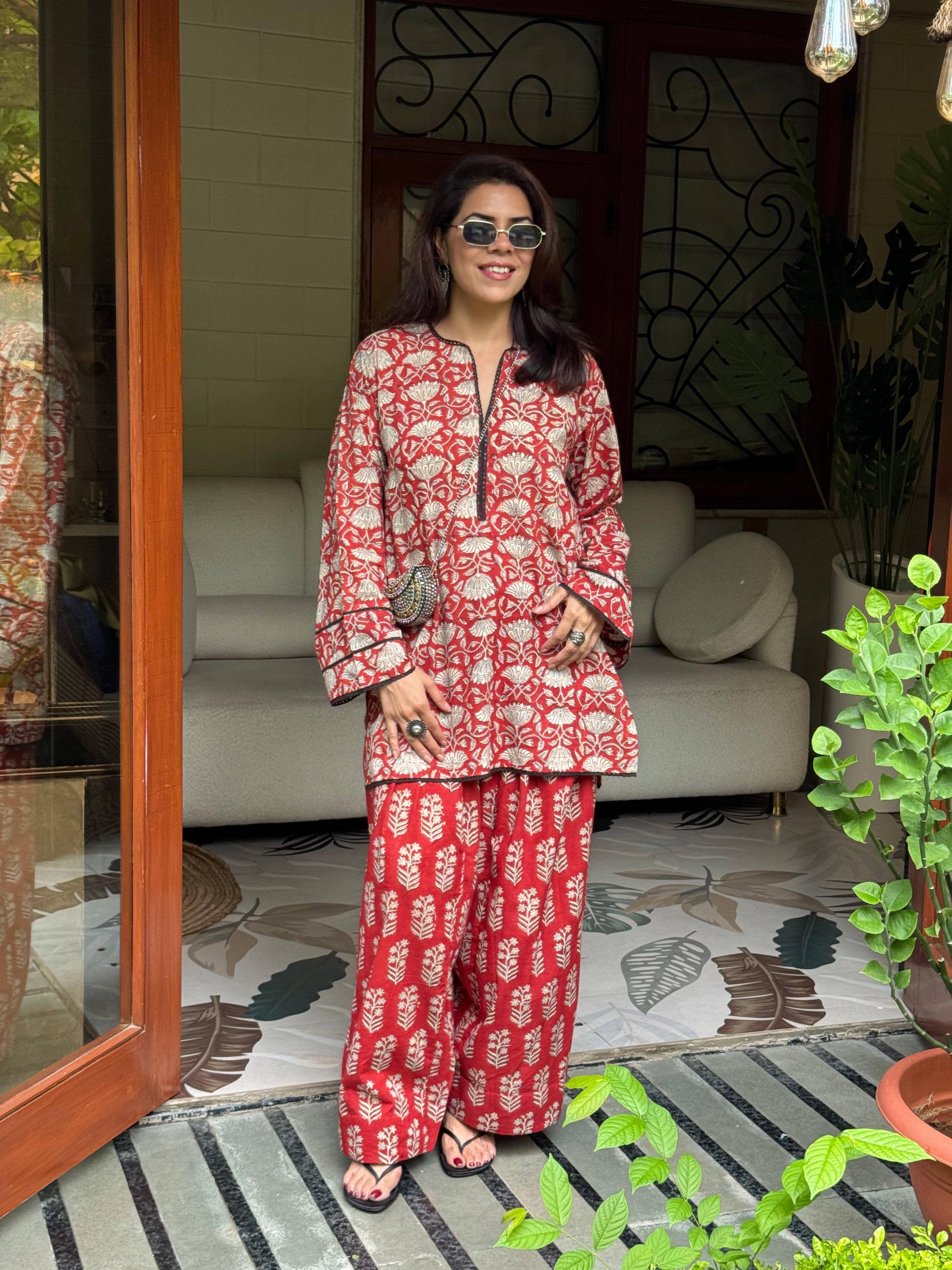 (Pre-Order) Red Pure Cotton Hand Block Printed Farshi Kurta Set