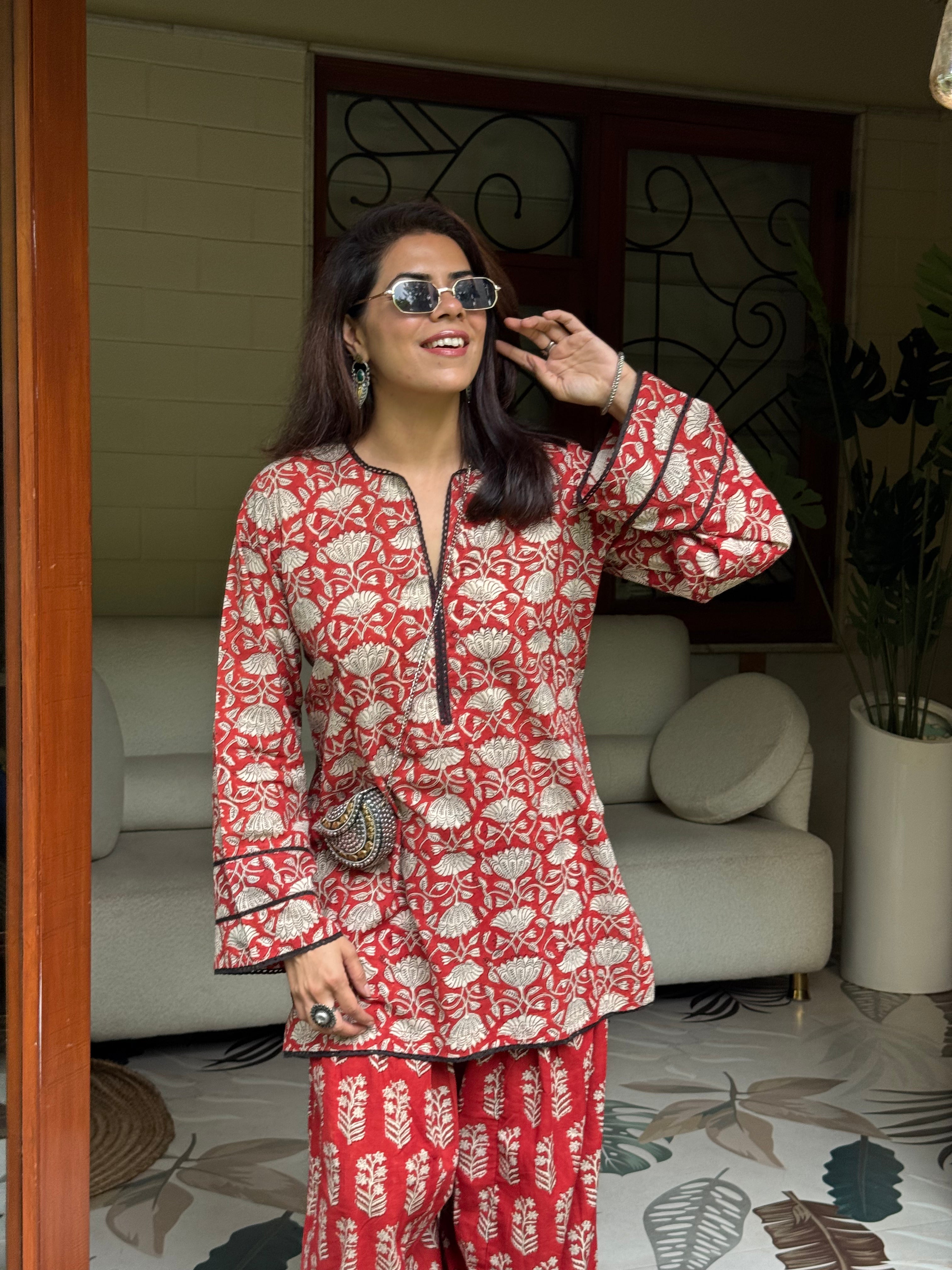 (Pre-Order) Red Pure Cotton Hand Block Printed Farshi Kurta Set