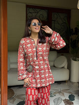 (Pre-Order) Red Pure Cotton Hand Block Printed Farshi Kurta Set