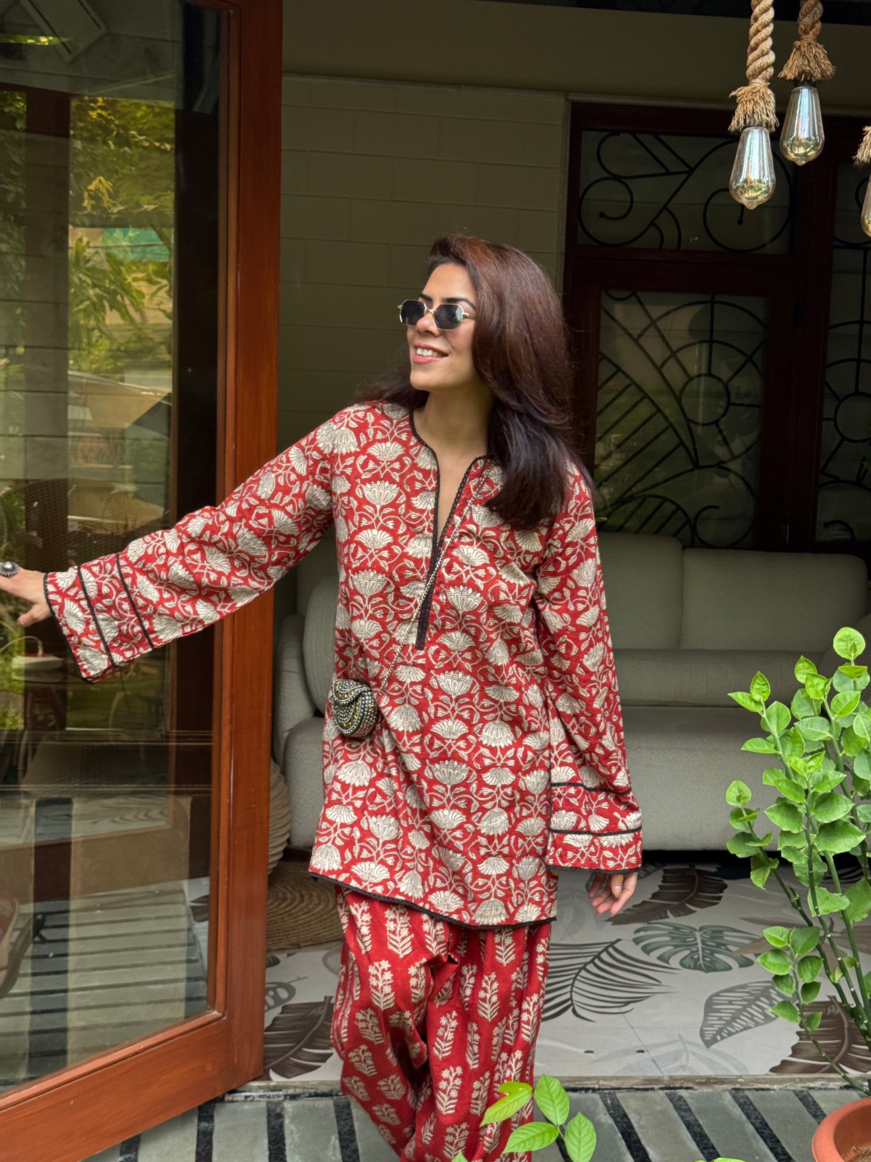 (Pre-Order) Red Pure Cotton Hand Block Printed Farshi Kurta Set