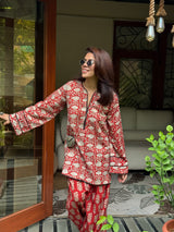 (Pre-Order) Red Pure Cotton Hand Block Printed Farshi Kurta Set