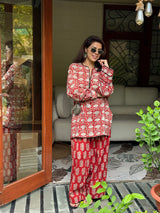 (Pre-Order) Red Pure Cotton Hand Block Printed Farshi Kurta Set